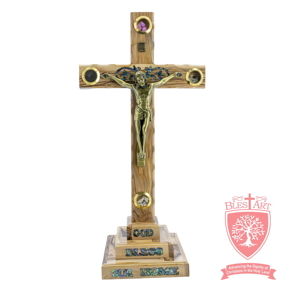 Latin Cross on base with Abalone Shell - Olivewood