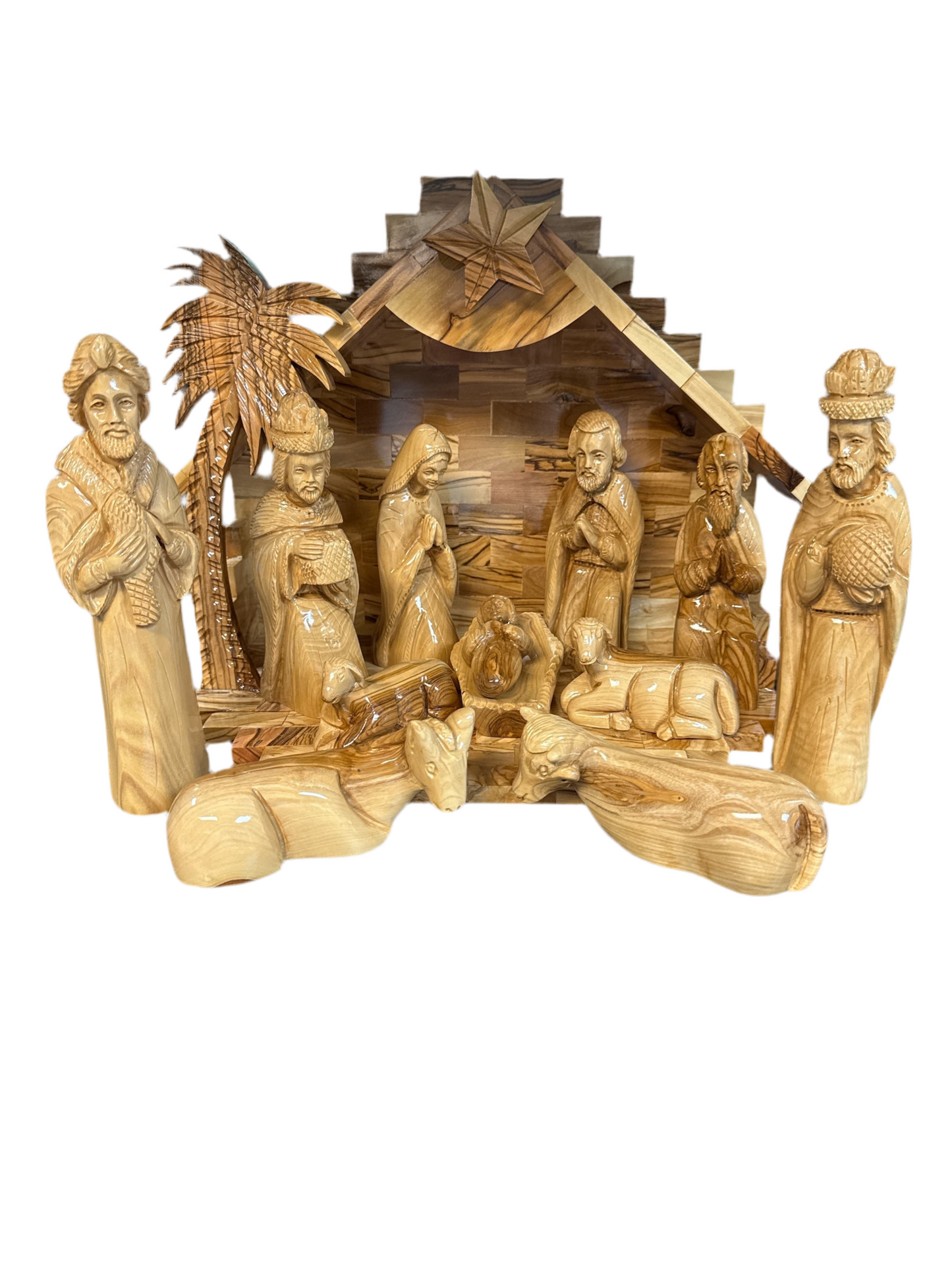Grand Olive Wood Nativity with Music Box & Tall Sculpted Figures – Hand-Carved in Bethlehem