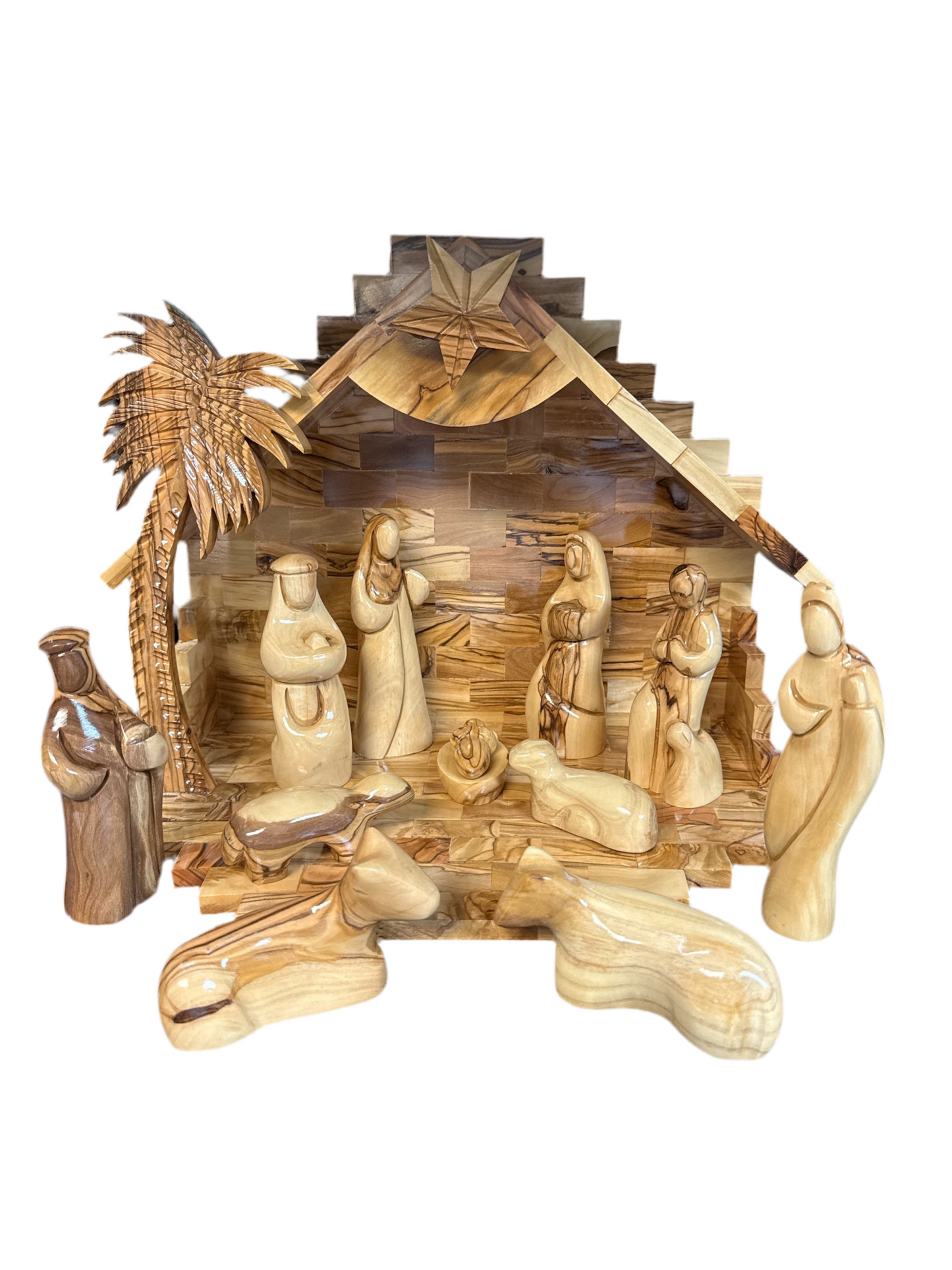 Large Modern Olive Wood Nativity with Music Box – Hand-Carved in Bethlehem