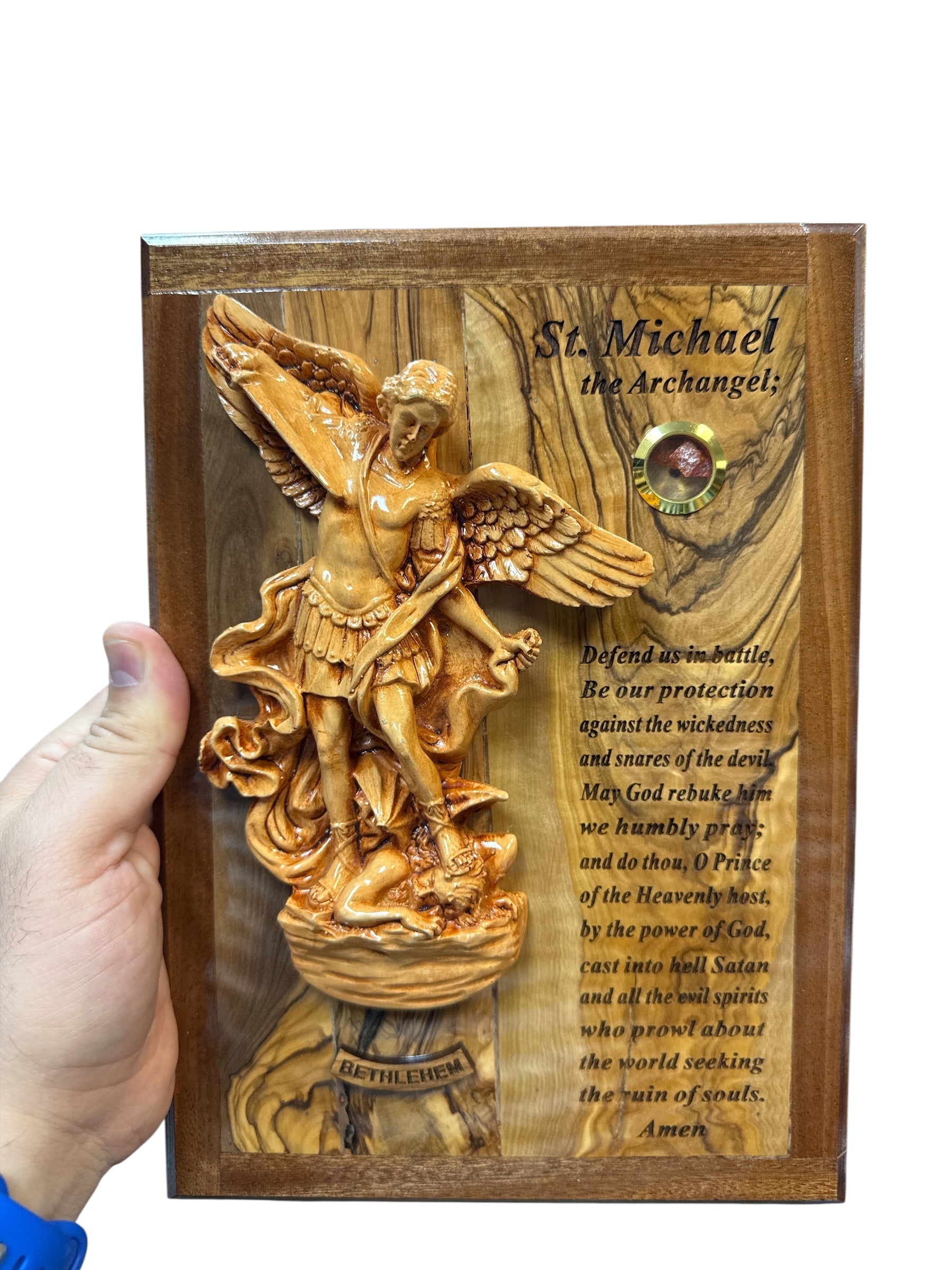 St. Michael the Archangel – Olive Wood Plaque with Prayer