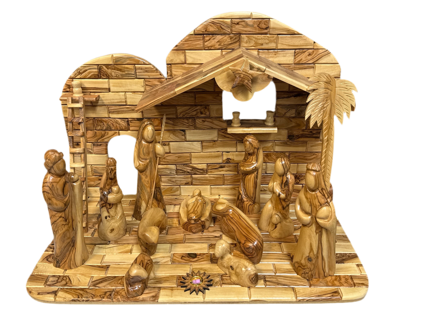 Cathedral-Style Olive Wood Nativity with Music Box & Incense – Hand-Carved in Bethlehem