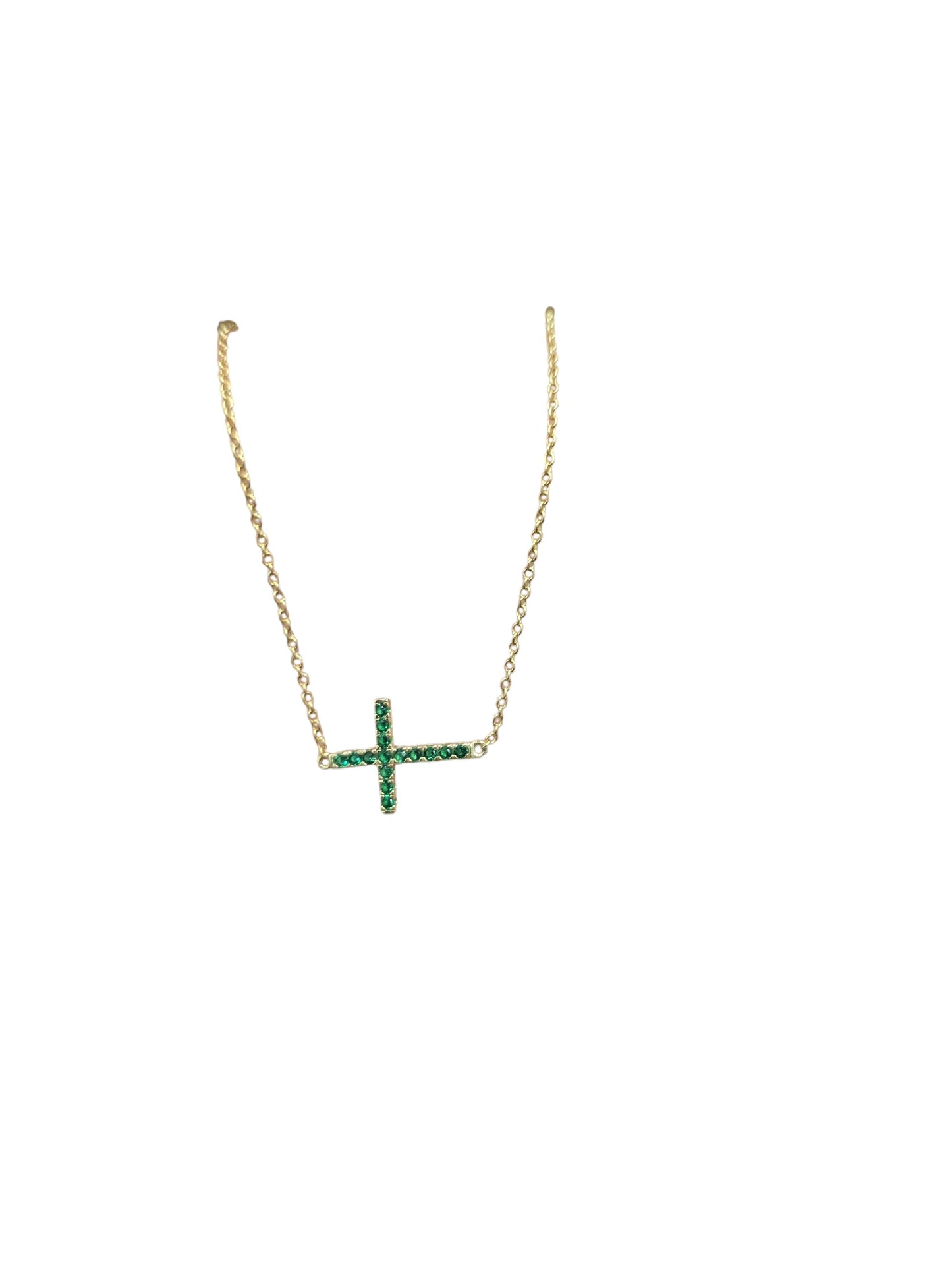 Gold Plated Green Crystal Cross Necklace
