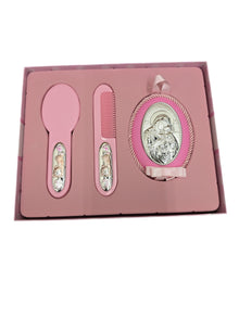 Musical Baptism Baby Set – Brush, Comb & Silver Plated Virgin Mary Icon (Blue & Pink)