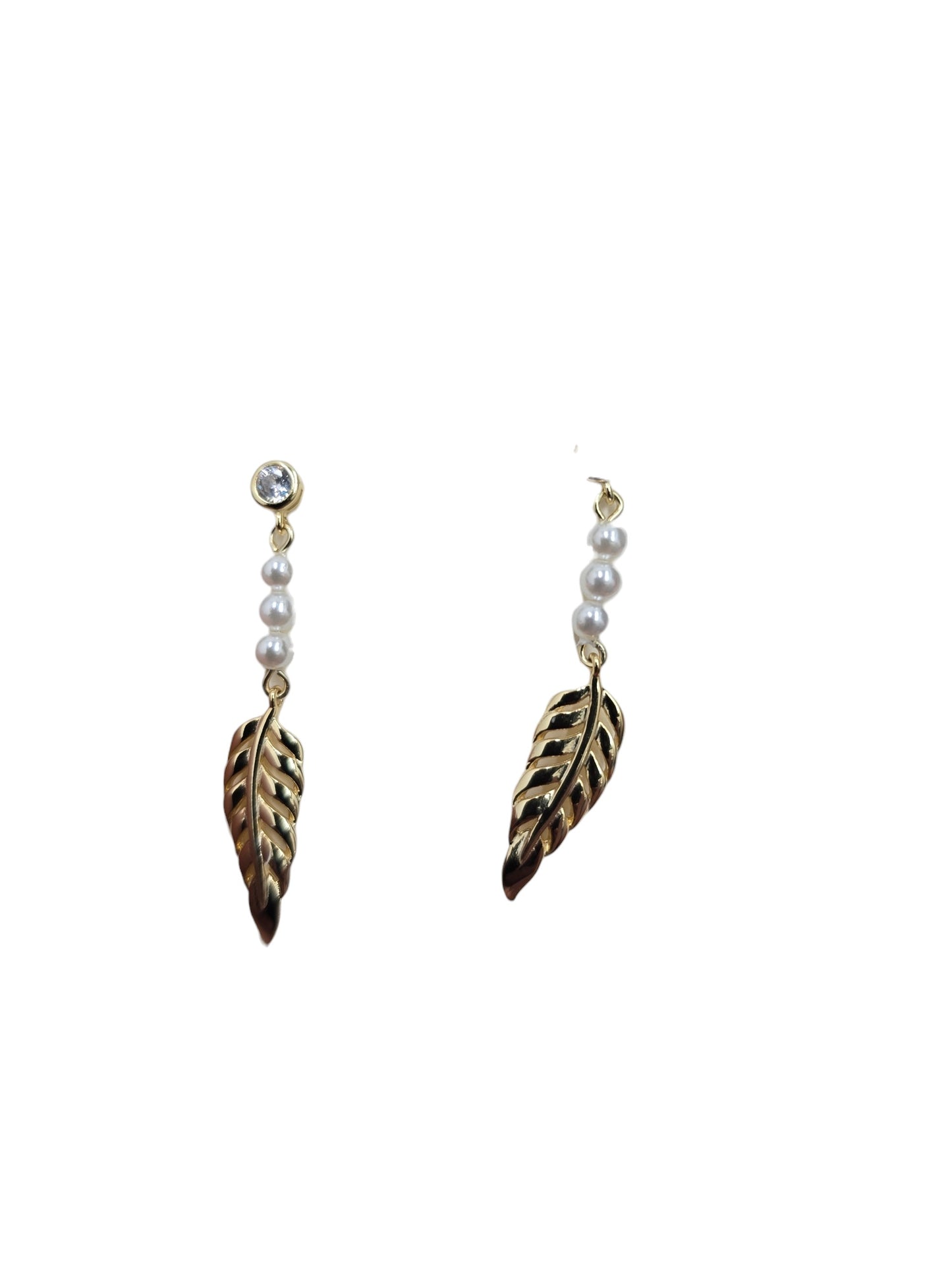 Gold Pearl Leaf Drop Earrings