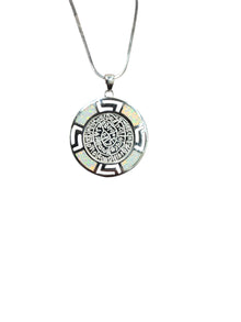 Silver Plated Opal Engraved Disc Pendant Necklace