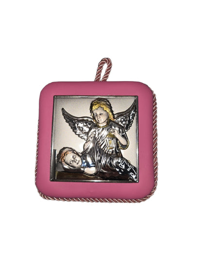 Musical Baptism Guardian Angel Icon – Silver Plated Cradle Hanging (Blue & Pink)
