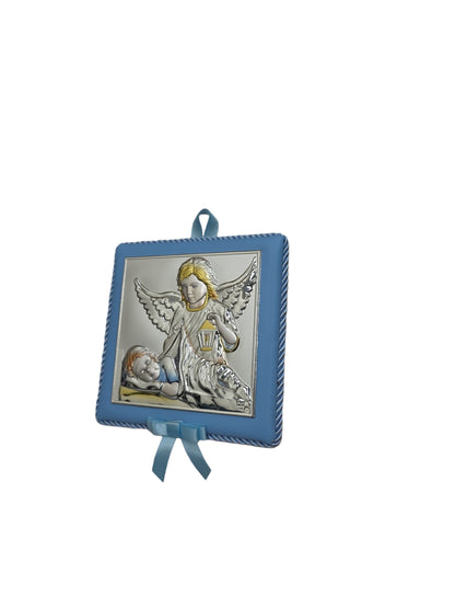 Musical Baptism Guardian Angel Icon – Silver Plated Cradle Hanging (Blue & Pink)