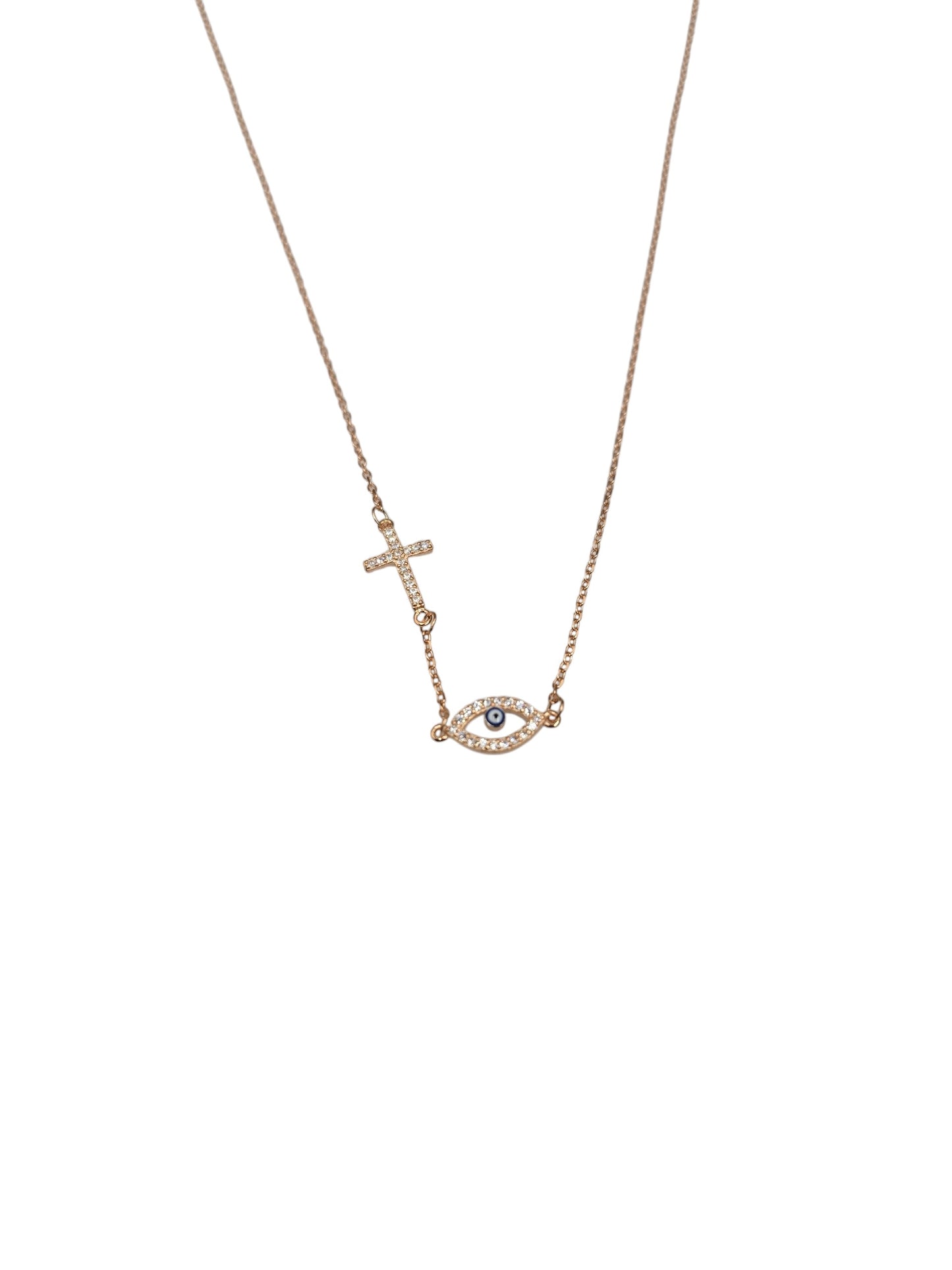 Gold Cross & Evil Eye Necklace