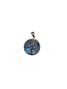 Silver Plated Blue Opal Tree of Life Pendant Necklace Dark Finish