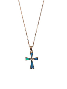 Gold Blue Opal Cross Necklace