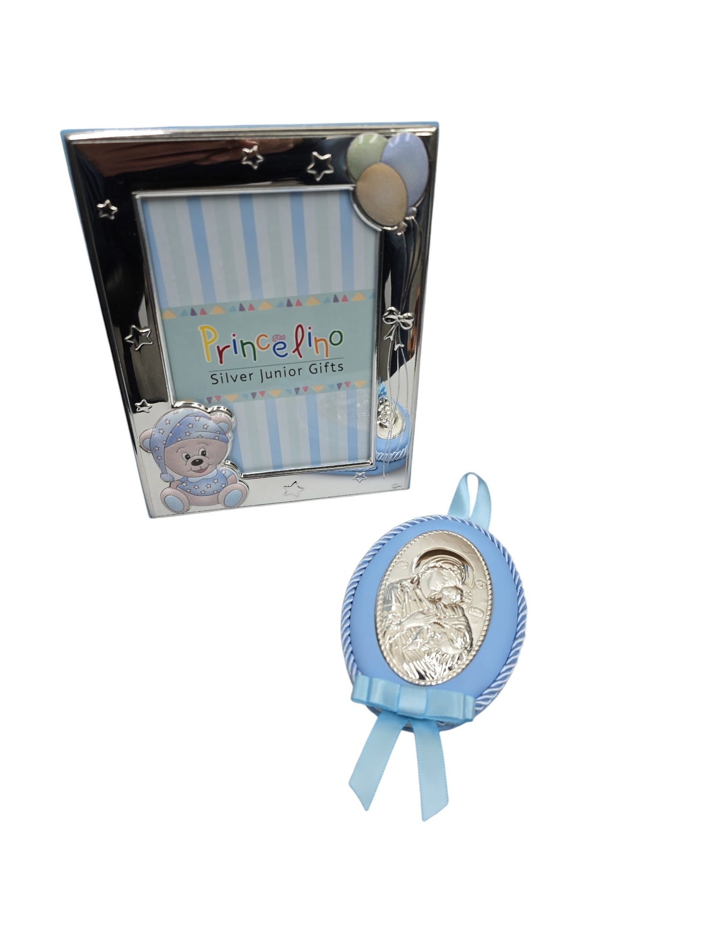 Musical Baptism Gift Set – Silver Plated Frame & Virgin Mary Icon (Blue)