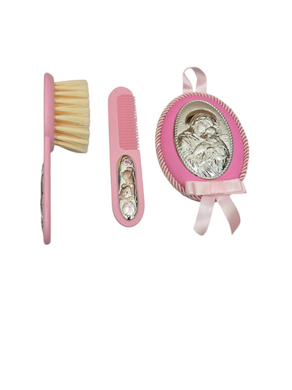 Musical Baptism Baby Set – Brush, Comb & Silver Plated Virgin Mary Icon (Blue & Pink)