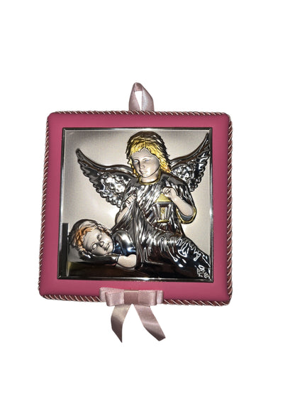 Musical Baptism Guardian Angel Icon – Silver Plated Cradle Hanging (Blue & Pink)