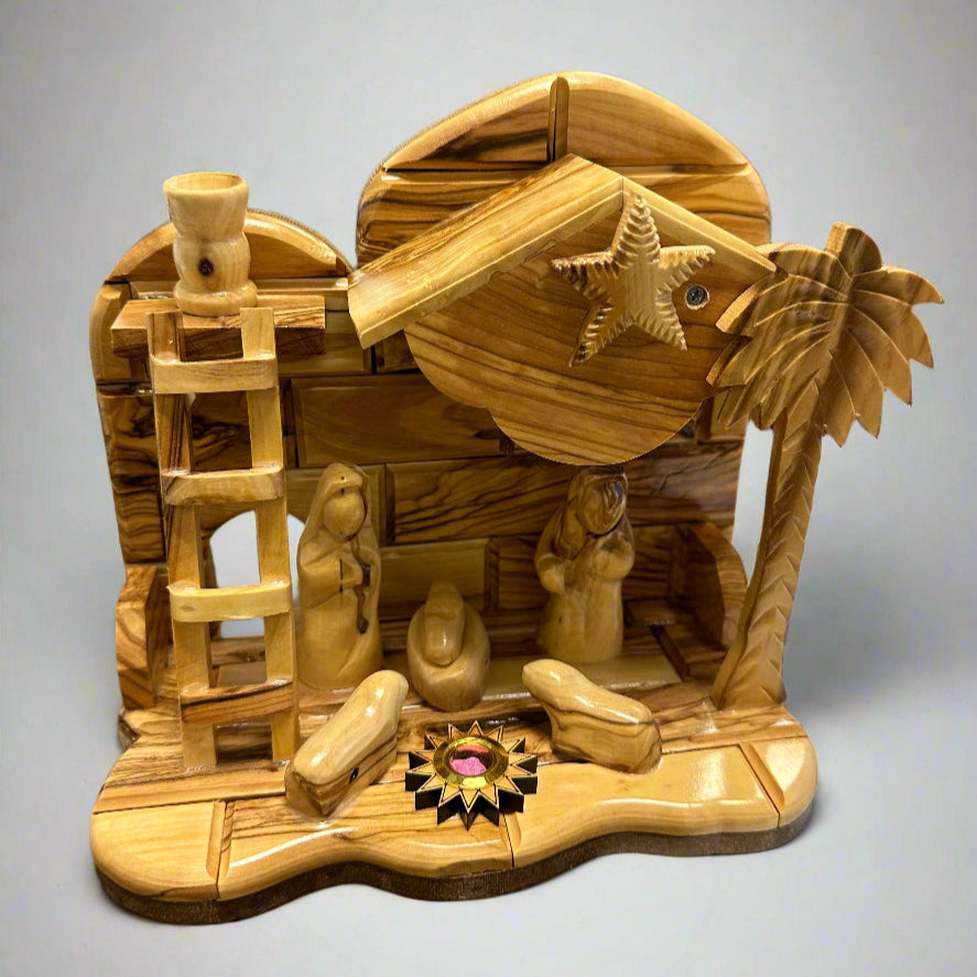 A wooden musical nativity set
