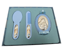 Musical Baptism Baby Set – Brush, Comb & Silver Plated Virgin Mary Icon (Blue & Pink)