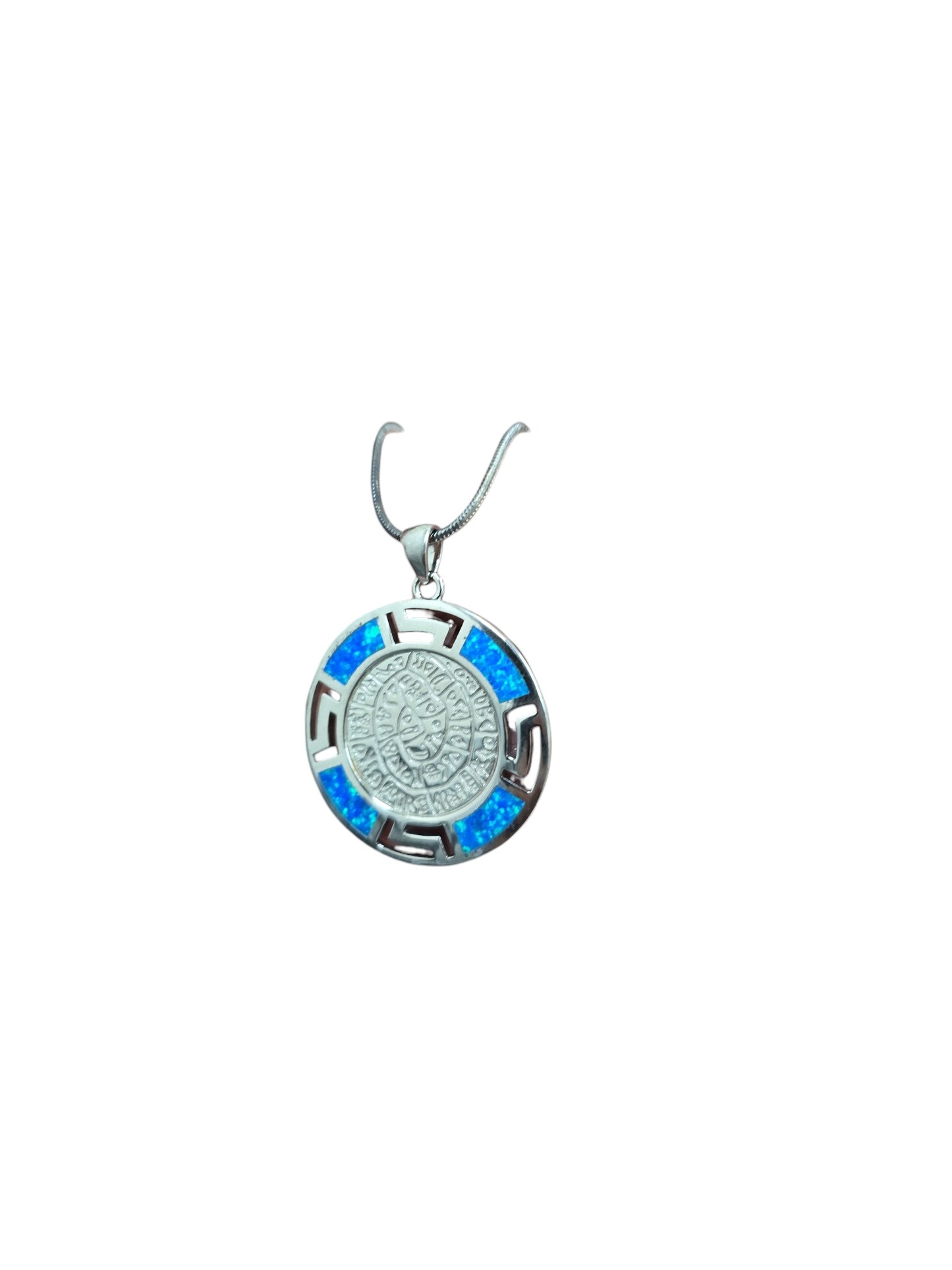 Silver Plated Blue Opal Engraved Medallion Necklace