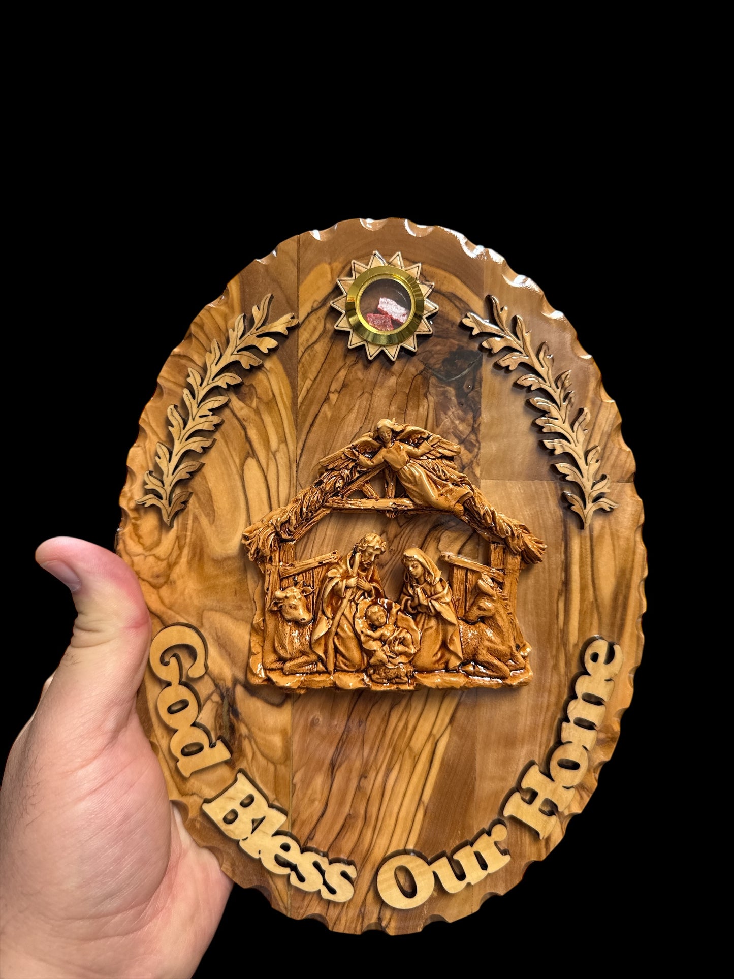 God Bless Our Home – Oval Olive Wood Nativity Plaque