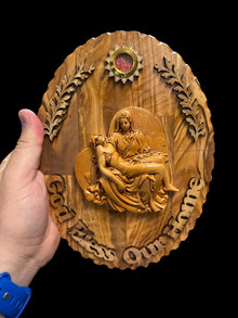 God Bless Our Home – Pietà Olive Wood Oval Plaque with Incense