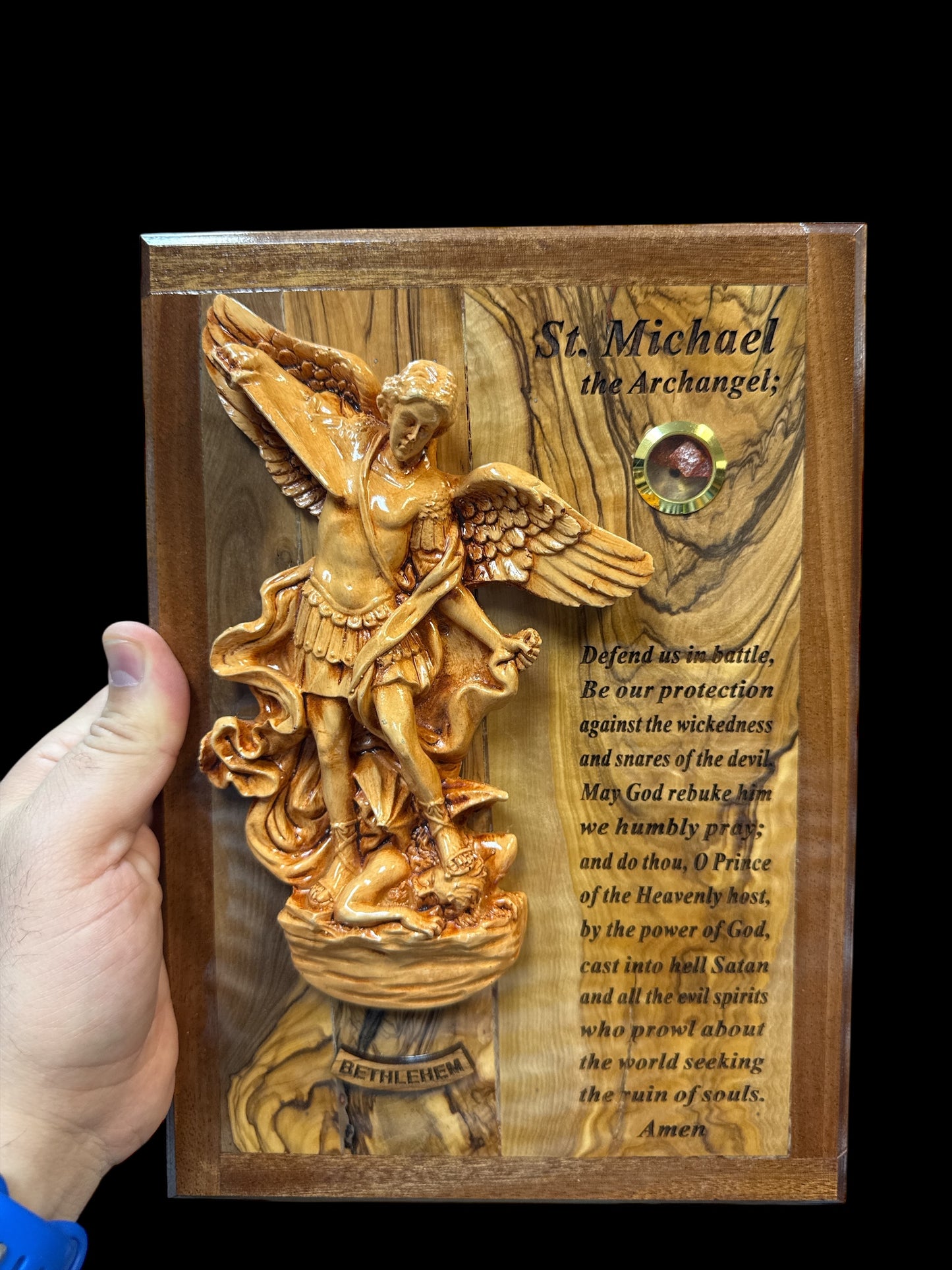 St. Michael the Archangel – Olive Wood Plaque with Prayer & Incense