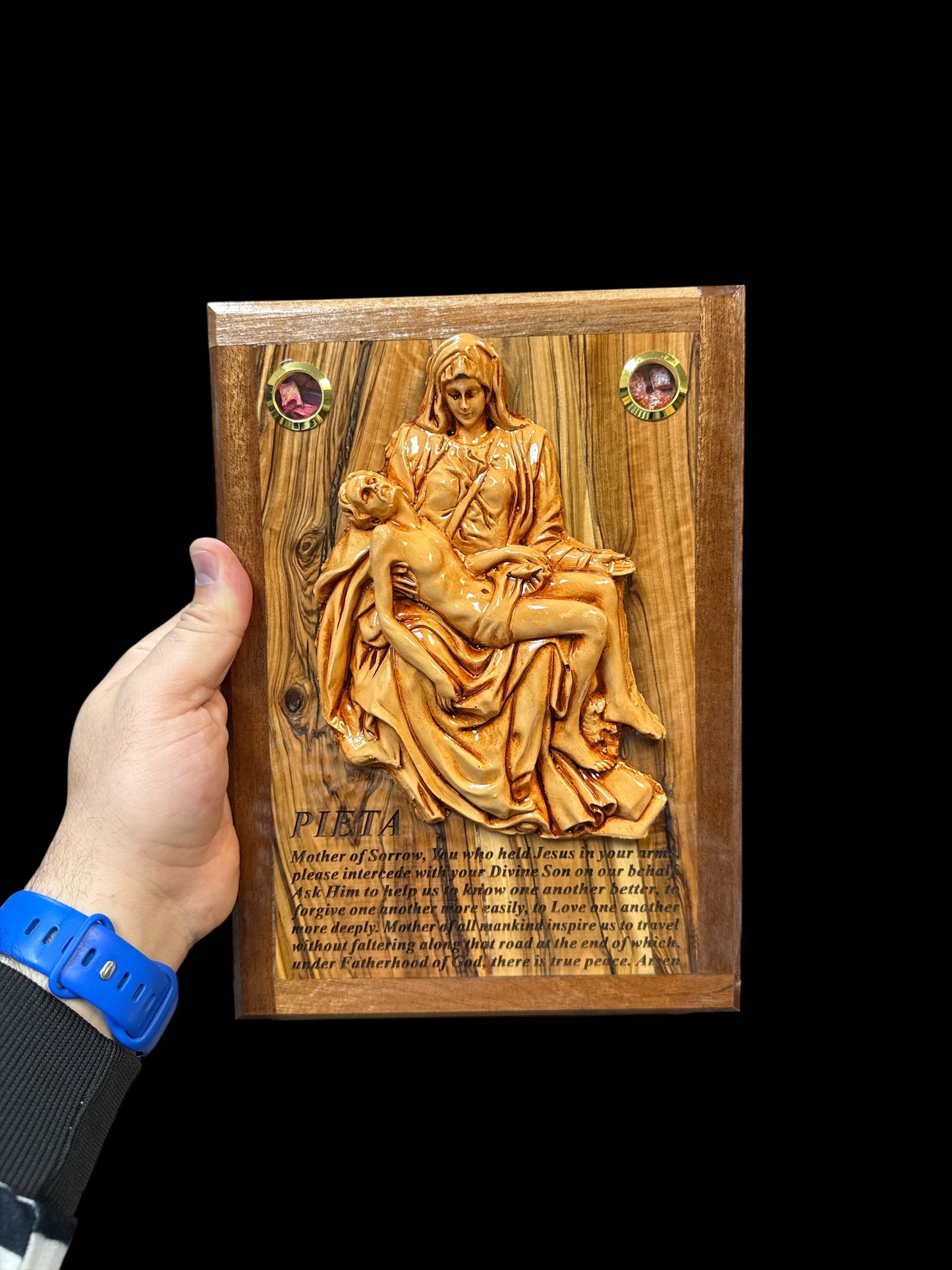 Pietà – Olive Wood Plaque with Prayer, Incense & Holy Land Stones