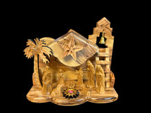Olive Wood Nativity with Music Box, Bell Tower & Incense – Handmade in Bethlehem