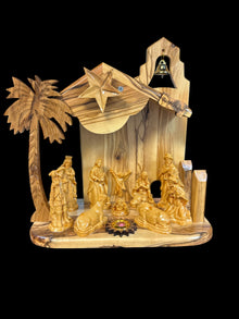 Deluxe Olive Wood Nativity with Bell Tower & Incense – Hand-Carved in Bethlehem