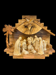 Large Olive Wood Nativity with Whitewashed Figures & Music Box – Hand-Carved in Bethlehem