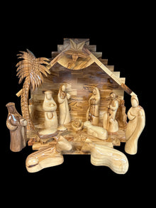Large Modern Olive Wood Nativity with Music Box – Hand-Carved in Bethlehem