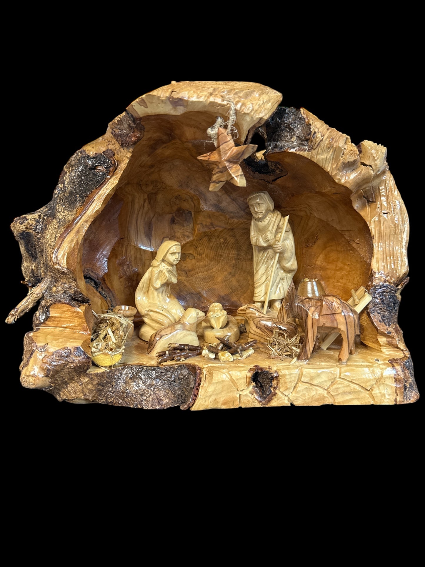 Olive Wood Bark Cave Nativity – Hand-Carved in Bethlehem