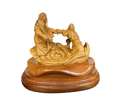 5.5" Hand-Carved Olive Wood “Jesus Helps Peter” Statue