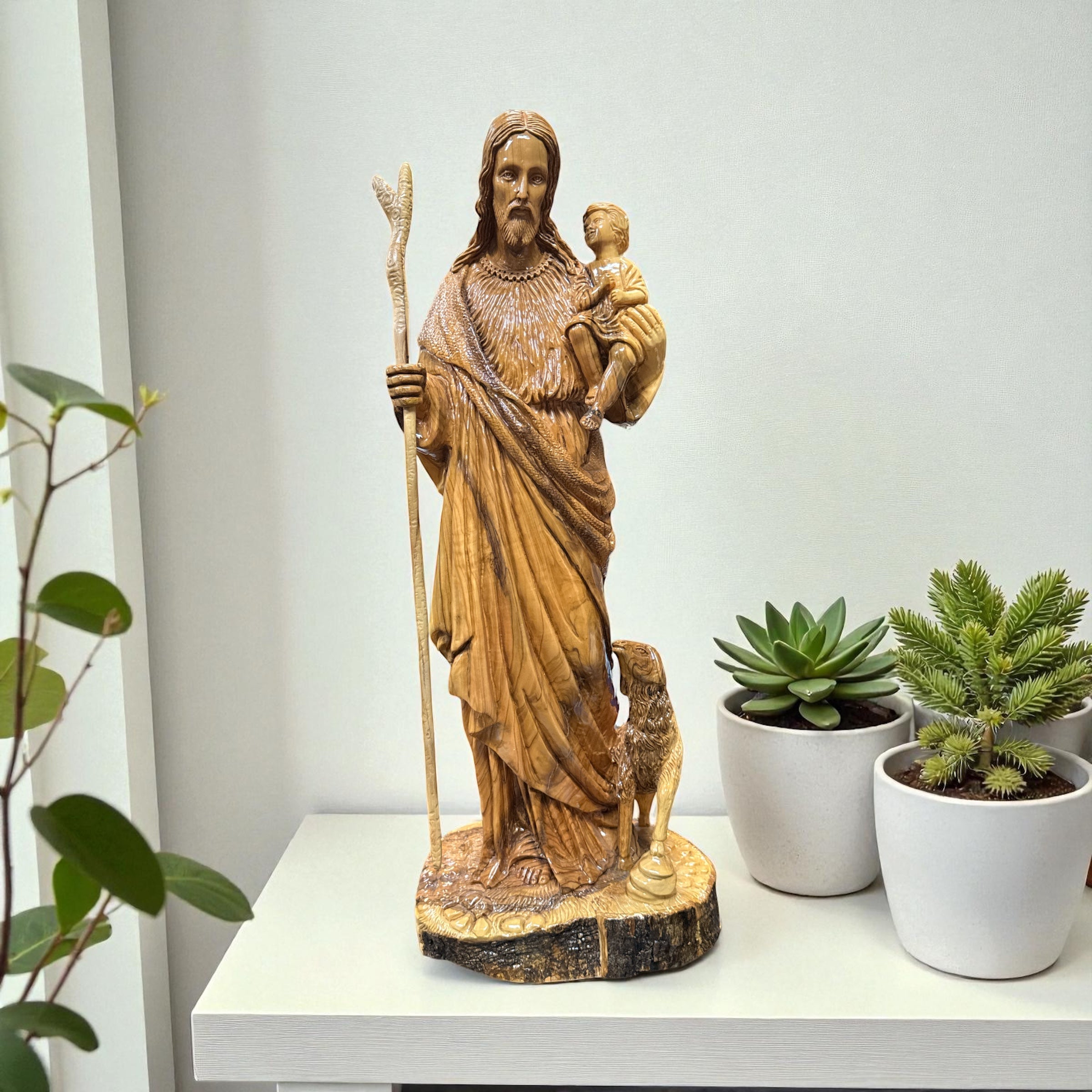 The Good Shepherd – Hand-Carved Olive Wood Statue - Blest Art
