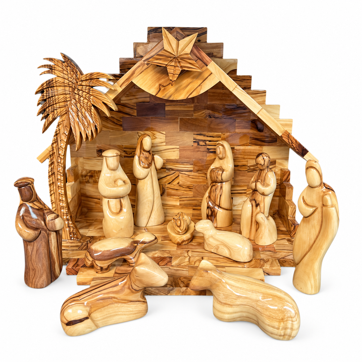 Large Modern Olive Wood Nativity with Music Box – Hand-Carved in Bethlehem