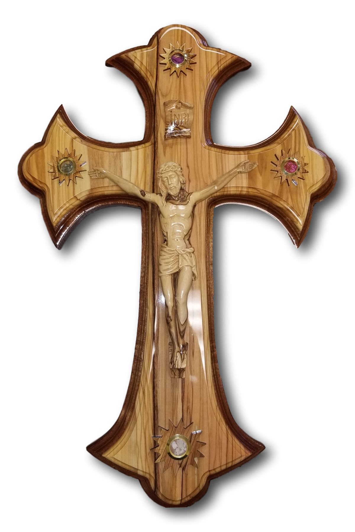 Roman Crucifix, Walnut edges with Holy Items and wooden body, Size: 25.5"/65 cm.