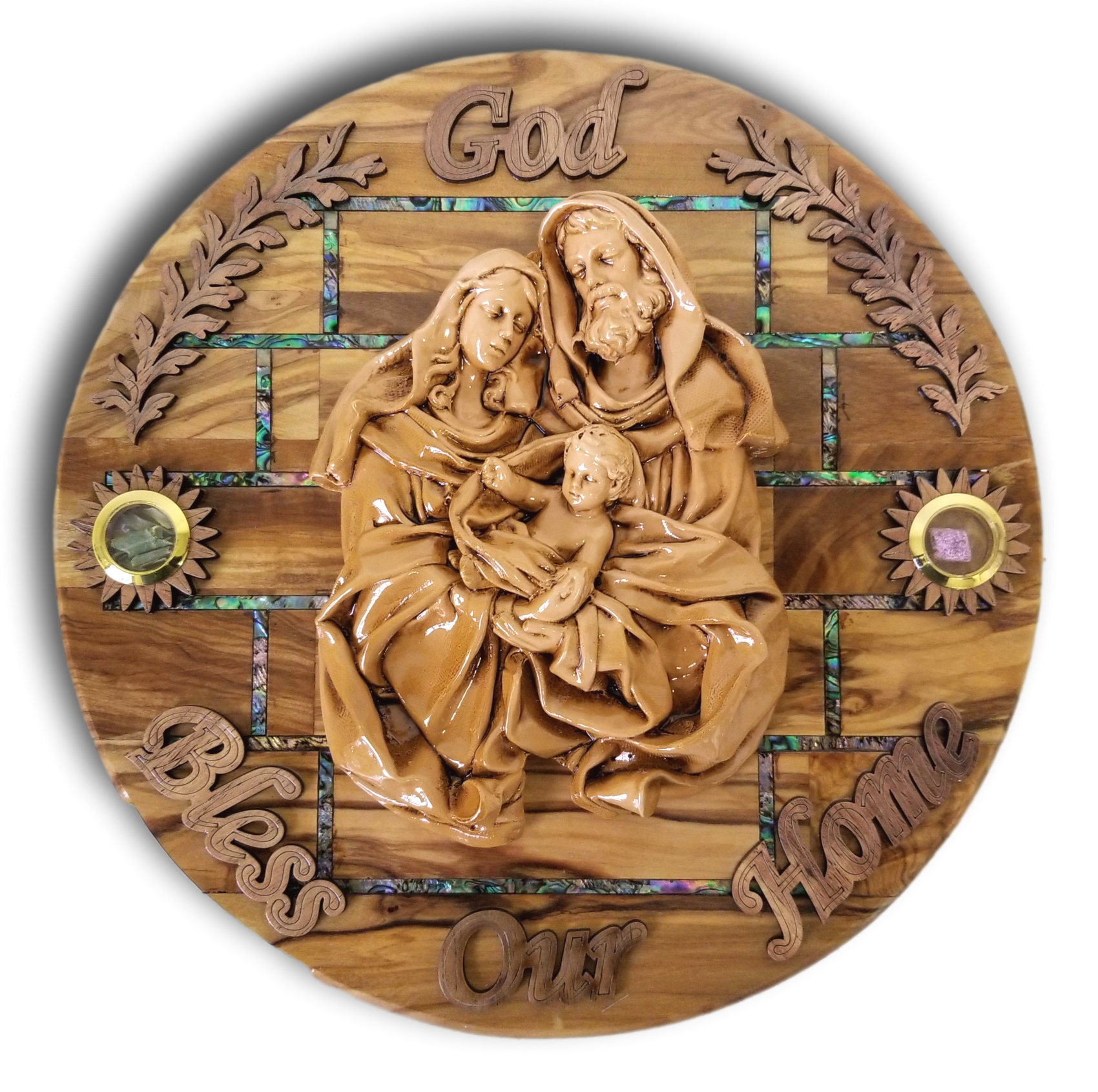 Round plaque with Abalone seashells, Porcelain figures, and holy items