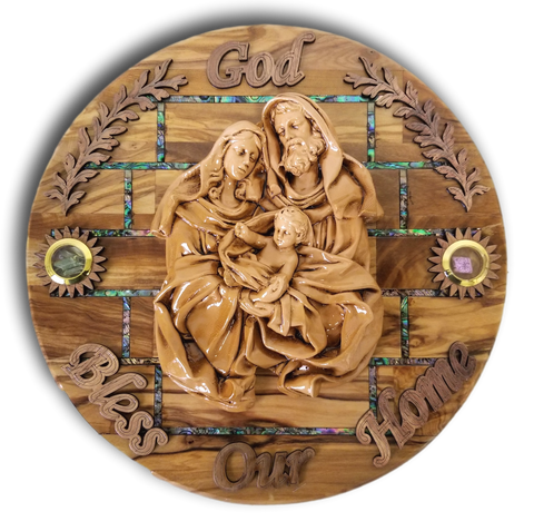 Round plaque with Abalone seashells, Porcelain figures, and holy items