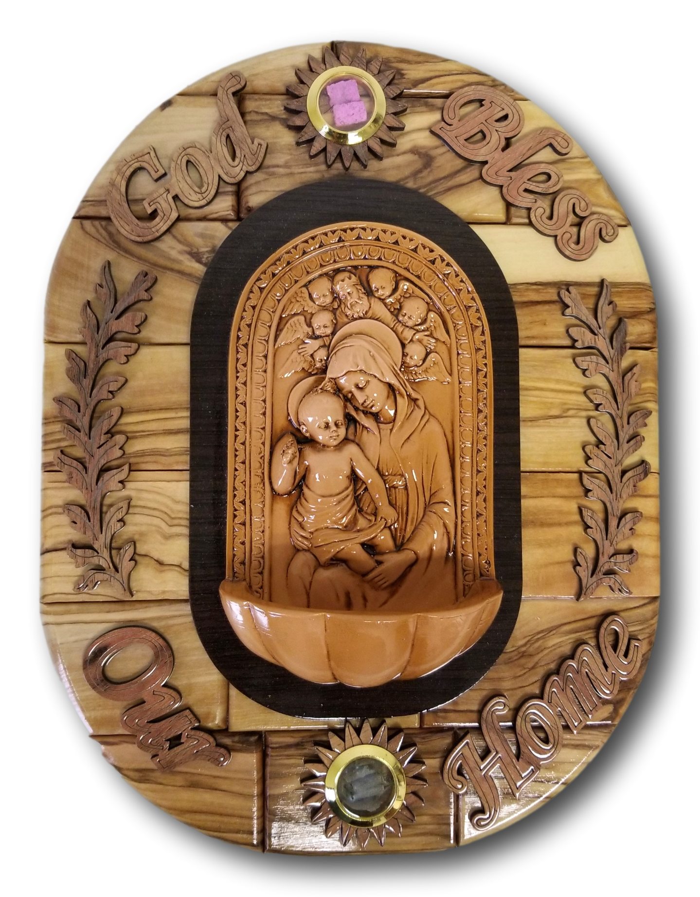 MOTHER MARY AND BABY JESUS PLAQUE WITH PORCELAIN FIGURES, AND A HOLY ITEM