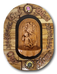 MOTHER MARY AND BABY JESUS PLAQUE WITH PORCELAIN FIGURES, AND A HOLY ITEM
