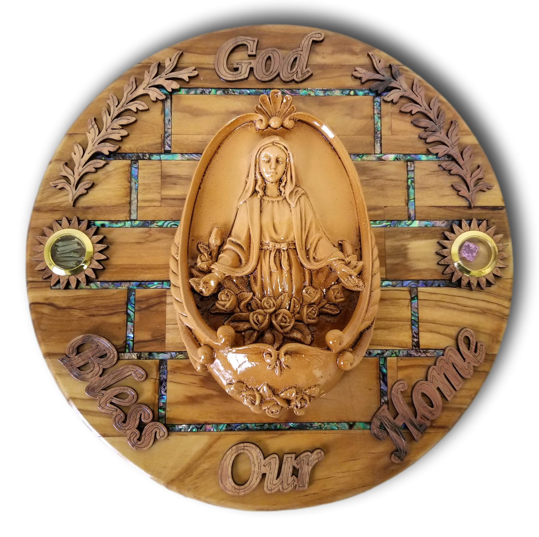 Round plaque with Abalone seashells, Porcelain figures, and holy items