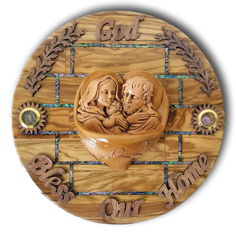 Round plaque with Abalone seashells, Porcelain figures, and holy items