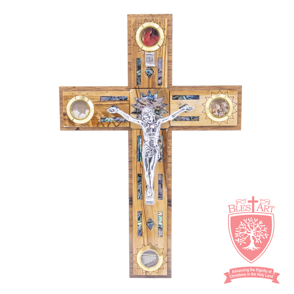 Olivewood Cross with Abalone Shell and 4 Holy Items