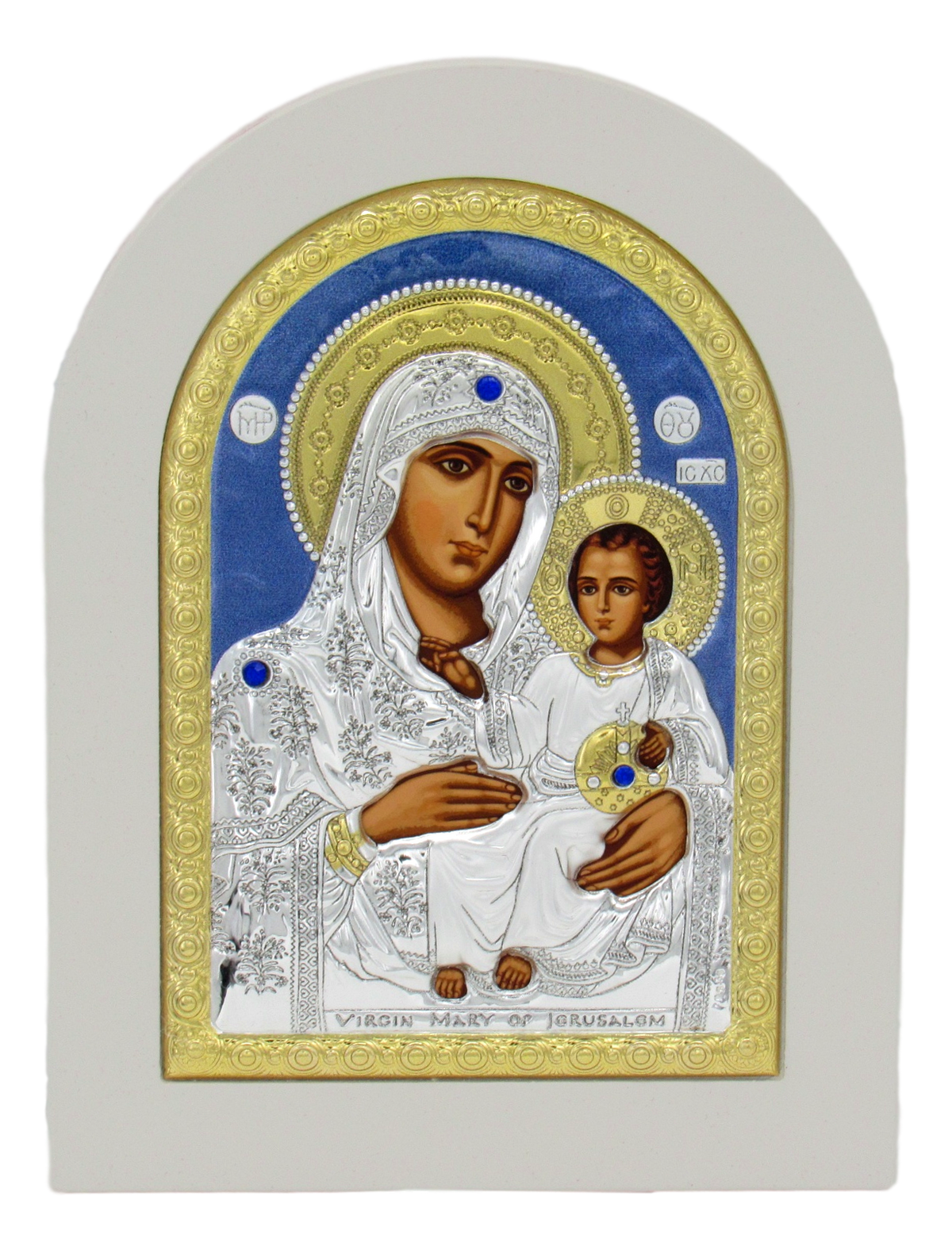 Silver Plated Icon of Madonna with the Child, White frame