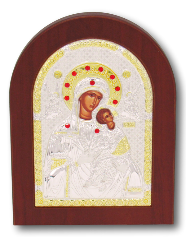 Icon of Madonna & Child, Stirling silver, with brown frame, Size: 6" x 8"