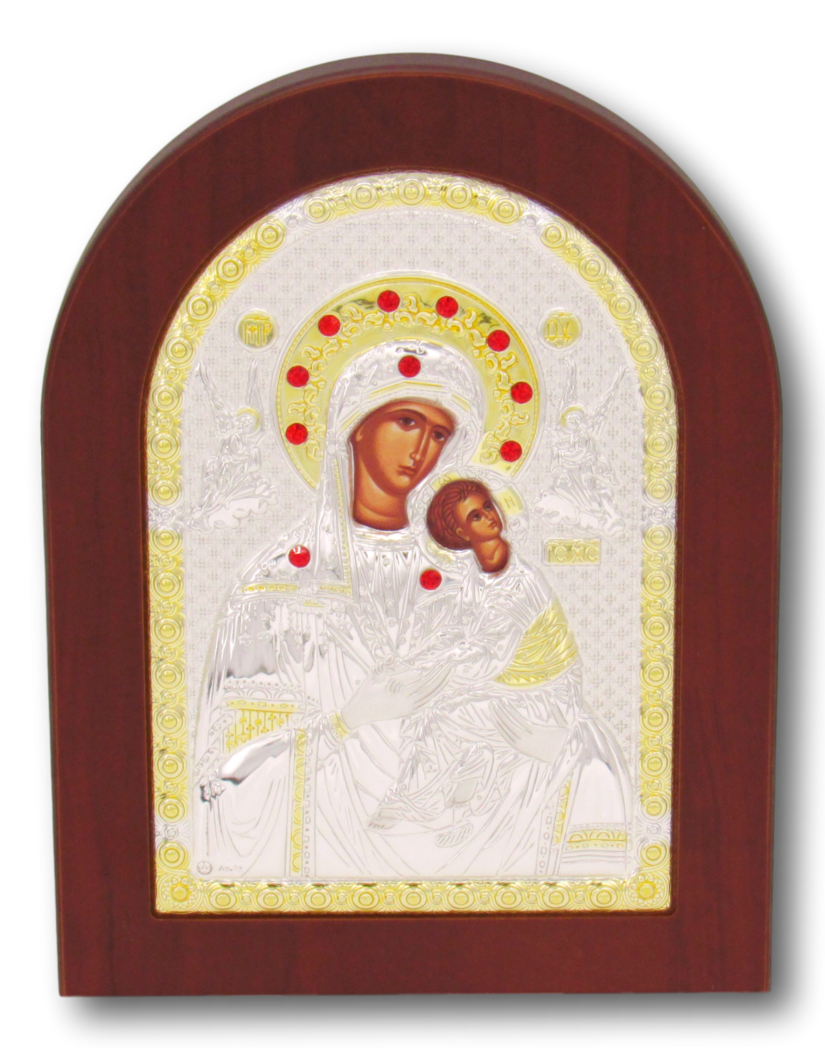Icon of Madonna & Child, Stirling silver, with brown frame, Size: 6" x 8"