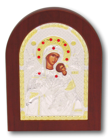 Icon of Madonna & Child, Stirling silver, with brown frame, Size: 6" x 8"