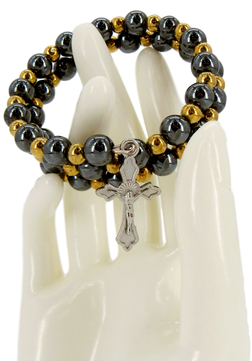 Bracelet, Hematite with Golden beads, Available with different attached Crosses styles.