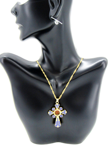 Gold plated Necklace, With Special Cross filled with incense from the Tomb of Jesus, Blue color.