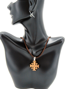 Brown Silk Necklace with Olive wood Jerusalem Cross. Adjustable size