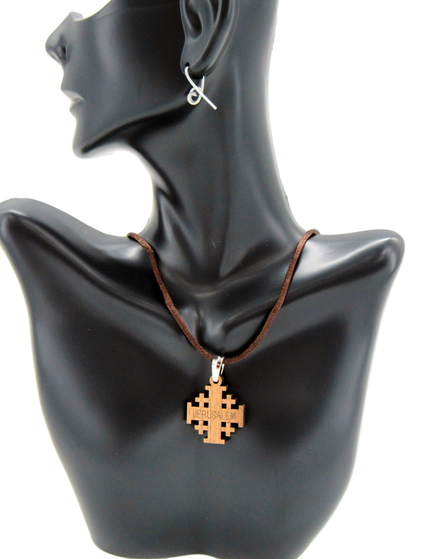 Brown Silk Necklace with Olive wood Jerusalem Cross. Adjustable size