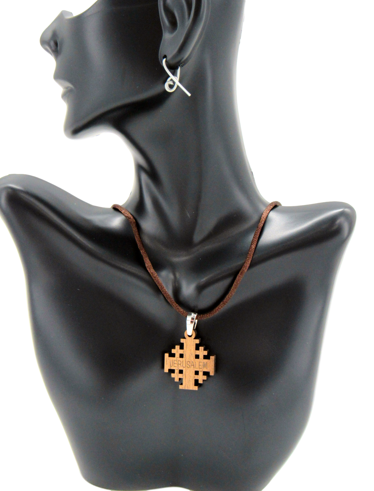 Brown Silk Necklace with Olive wood Jerusalem Cross. Adjustable size
