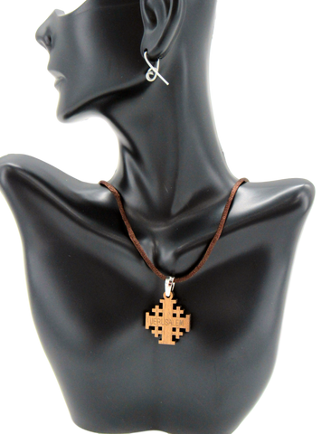 Brown Silk Necklace with Olive wood Jerusalem Cross. Adjustable size